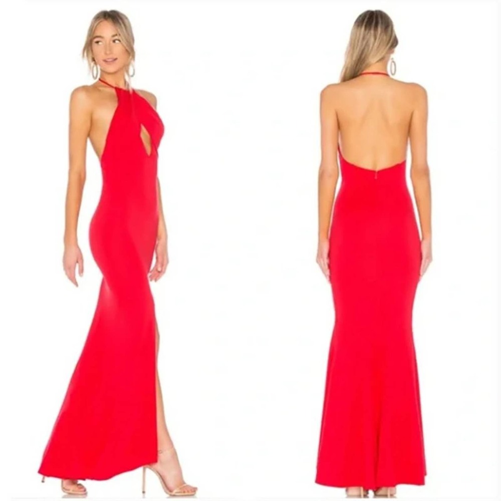 Lovers + Friends Red Dress Rosa Cocktail Halter Keyhole Gown Cut Out Backless L
